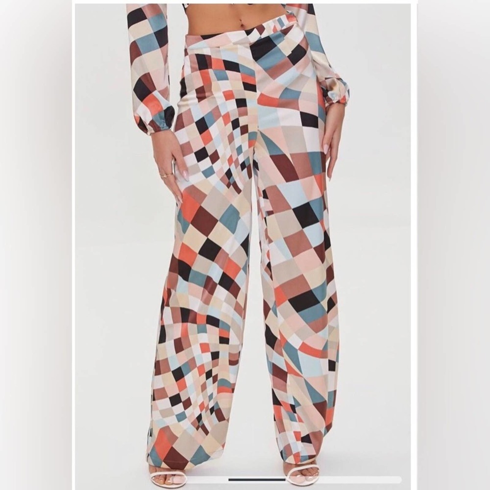 Satin Geo Print Wide-Leg Pants